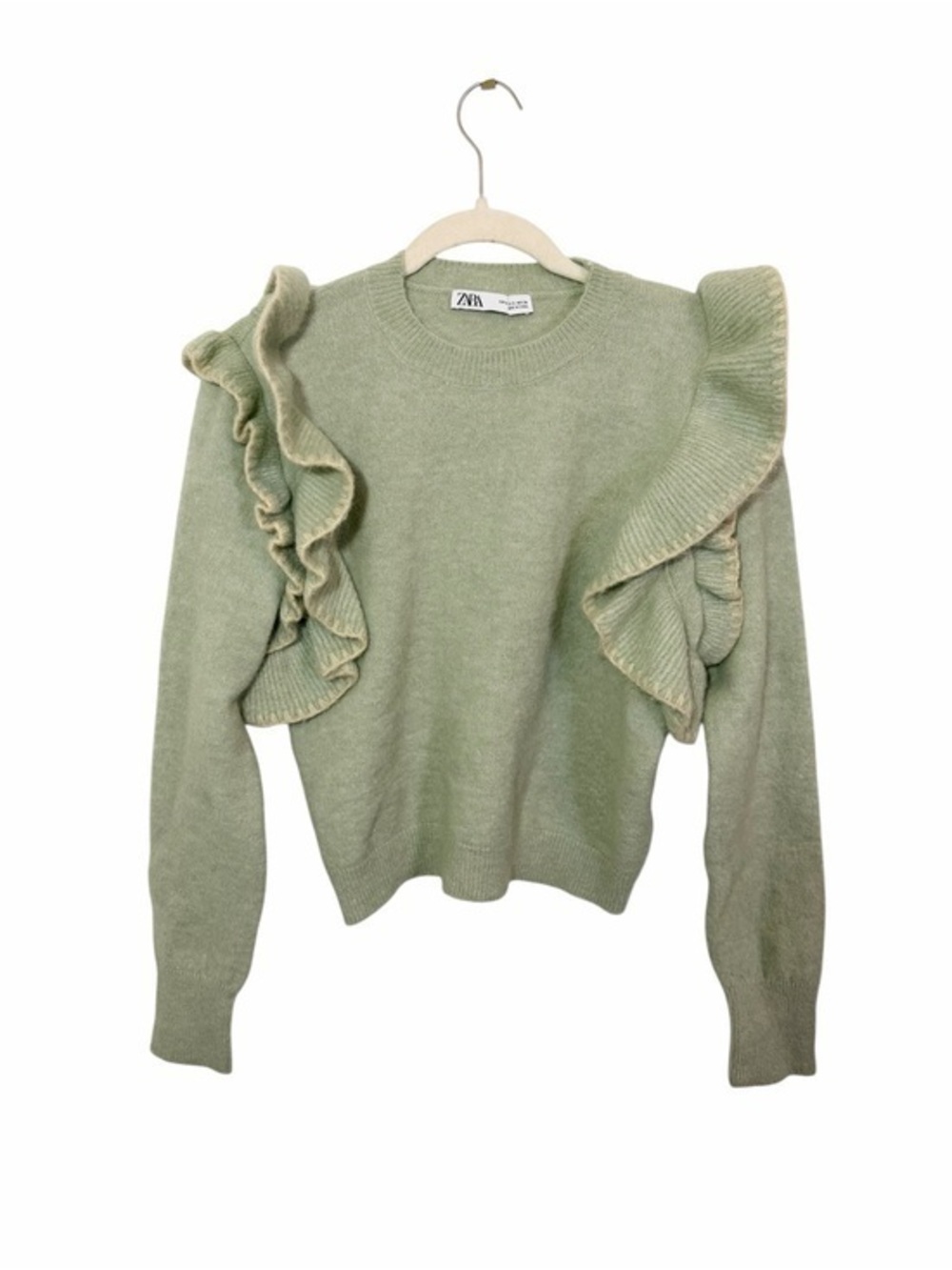 Zara Knit Ruffle Shoulder Sweater Womens S Sage Green Cottagecore Romantic